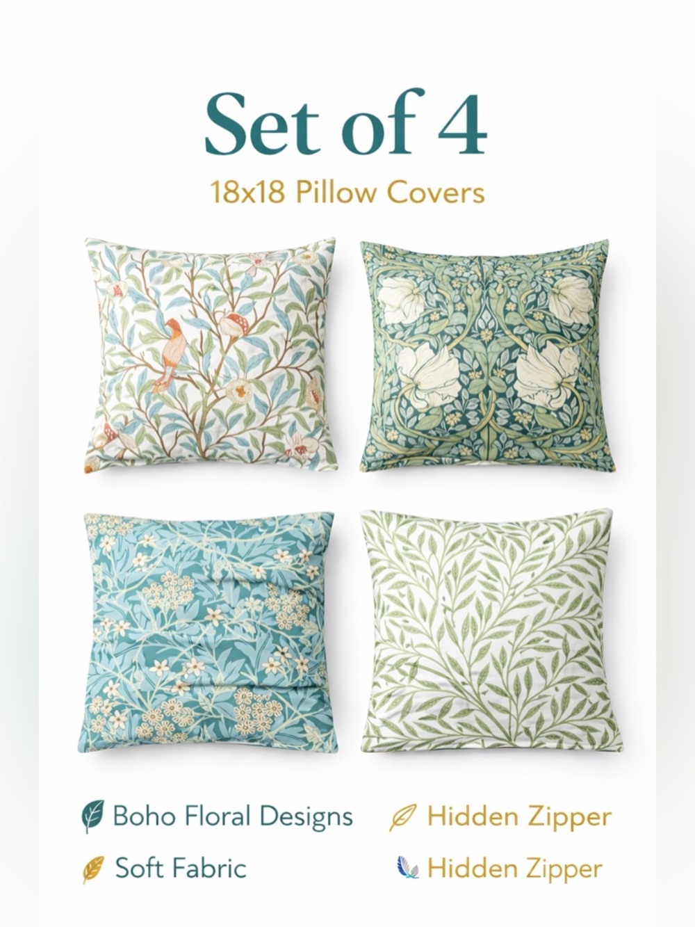 Set of 4 Boho Green Orange Floral Pillow Covers 18x18 Cushion Decor